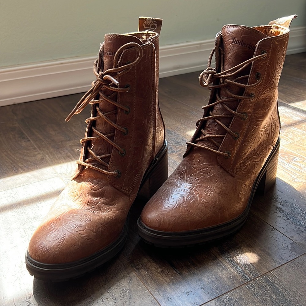light tooled leather timberland high heel boots